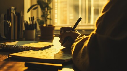contemplative learning portrait, hand holding black marker, diffused daylight through window, burnt sienna desk accessories, ethereal matte finish, intimate documentary aesthetic