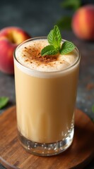 Creamy peach smoothie garnished with fresh mint and sprinkled cinnamon in a tall glass, set against a dark background with whole peaches and cinnamon sticks