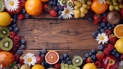 fruits and vegetables on wooden background