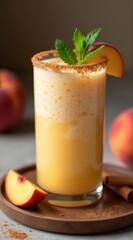 Fototapeta premium Creamy peach smoothie garnished with fresh mint and sprinkled cinnamon in a tall glass, set against a dark background with whole peaches and cinnamon sticks