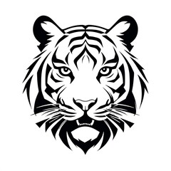 Fototapeta premium Tiger Head Silhouette: A striking black and white illustration of a tiger's head, capturing its powerful gaze and fierce presence. Perfect for designs that exude strength, wildness.