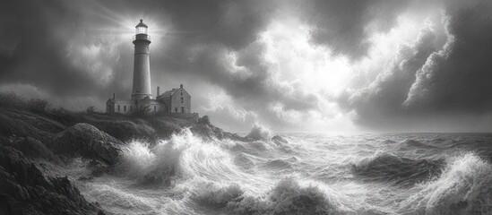 Fototapeta premium Lighthouse on rocky coast during stormy sea.