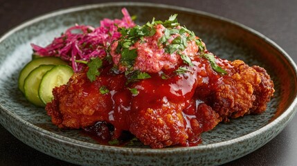 Crispy Chicken with Spicy Sauce and Fresh Garnishes on Plate