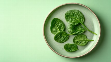 Obraz premium Plate with a raw spinach leaves on a pastel light green background