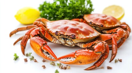 A freshly cooked crab with lemon and parsley, ideal for seafood dishes.