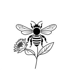 Obraz premium Bee on Flower: Line art illustration of a bee pollinating a flower. Simple, elegant design perfect for nature-themed projects. 
