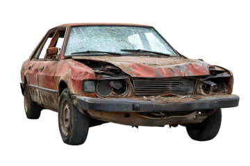 Wrecked car with damaged front end isolated on a white background. PNG transparent.