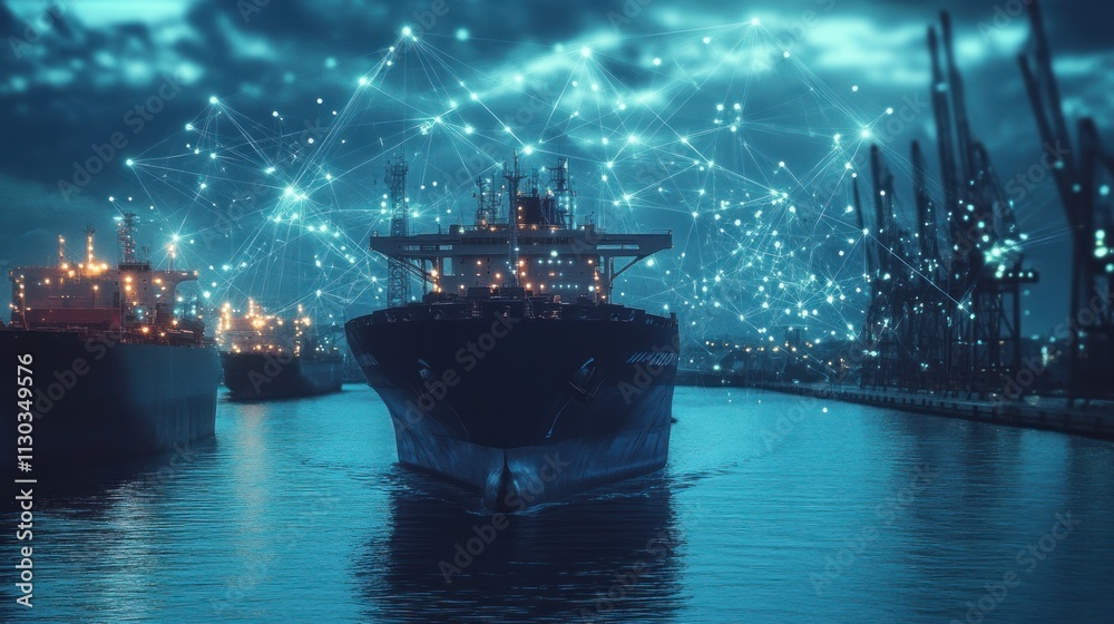 Poster a futuristic cargo ship navigating a digitally connected port at night.