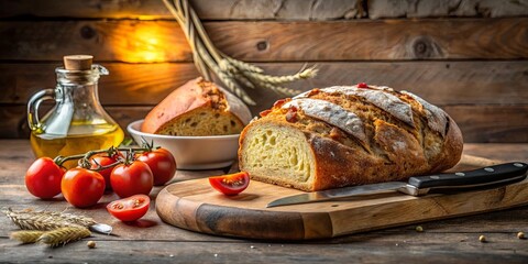 Artisan Loaf of Bread with Tomatoes and Olive Oil on Rustic Wood