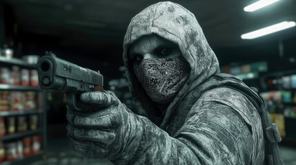 A hooded figure brandishing a gun creates a tense atmosphere inside a convenience store late at night, evoking fear and uncertainty