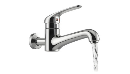 Elegant chrome faucet with running water on a transparent background