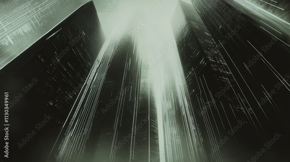 Poster a futuristic cityscape with towering skyscrapers shrouded in mist and digital elements.