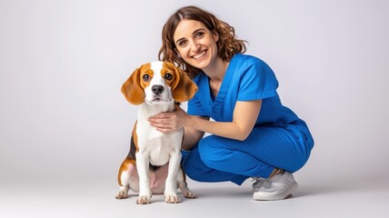Veterinarian doctor woman holding a dog puppy in a veterinary clinic, showcasing animal care and veterinary services