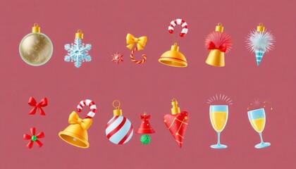Obraz premium Set Of Christmas Themed Decorative Items And Ornaments. 3D Ornaments Christmas - Snowflakes And Snowflake, Red And Gold Spherical, Star-Shaped, Miniature Christmas Bells And Baubles, Candy Cane.