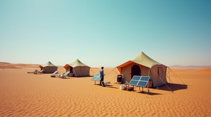Three desert tents equipped with solar panels are set up on sandy dunes, highlighting sustainable living in arid landscapes