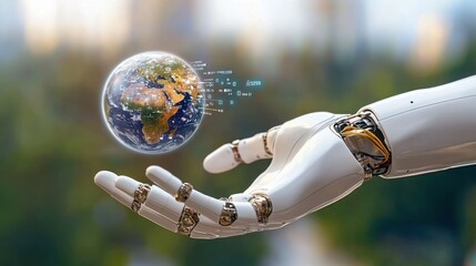 A white robotic hand is depicted in sharp detail against a blurred background, with a digital globe hovering above it, symbolizing the connection between people through technology