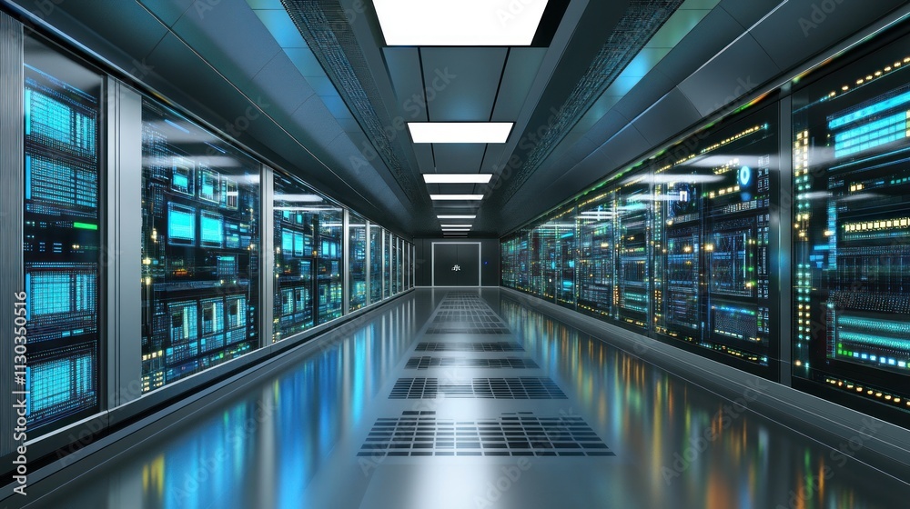 Leinwandbilder a futuristic corridor lined with server racks, showcasing a high-tech data center environment.