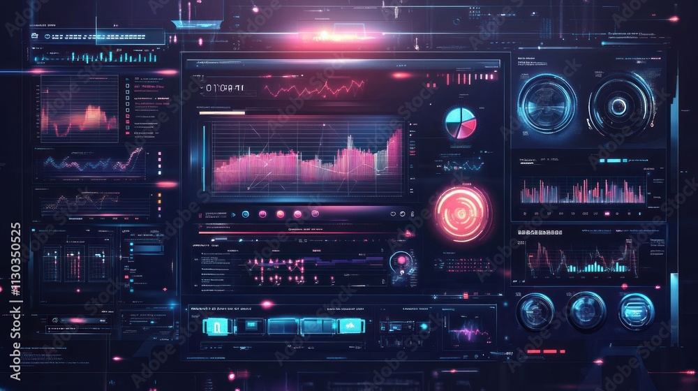 Poster a futuristic dashboard displaying data analytics and visualizations.