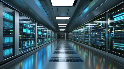 Obraz premium A futuristic corridor lined with server racks, showcasing a high-tech data center environment.