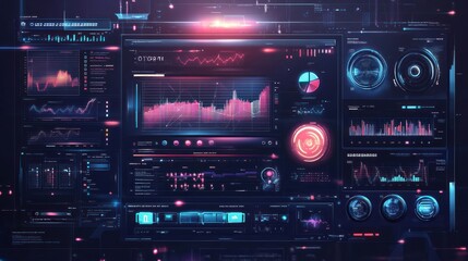 A futuristic dashboard displaying data analytics and visualizations.