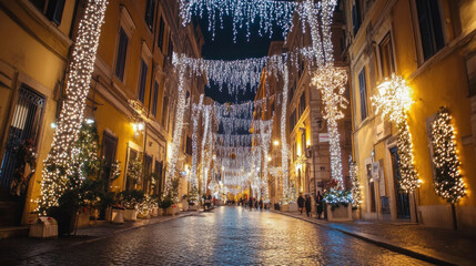 Naklejka premium Christmas lights decorating a narrow street in rome at night