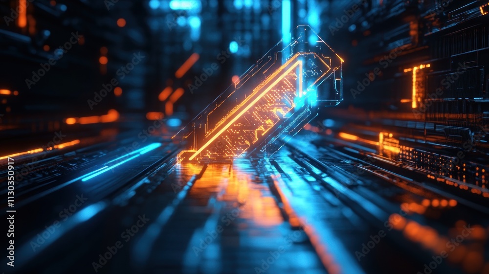 Leinwandbilder a futuristic digital environment featuring glowing circuitry and a central illuminated object.