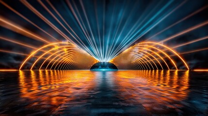 The image depicts a mesmerizing empty stage illuminated by neon lights and laser beams, creating futuristic shapes and patterns against a dark blue background
