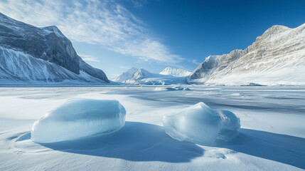 Lodowe bryły lśnią w świetle na tle rozległego, zimowego krajobrazu, z g&oacute;rami pokrytymi lodem wznoszącymi się ku czystemu niebu.

