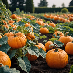 Gem&uuml;sepflanzen - Pr&auml;chtige K&uuml;rbisse reifen in einem gr&uuml;nen Garten