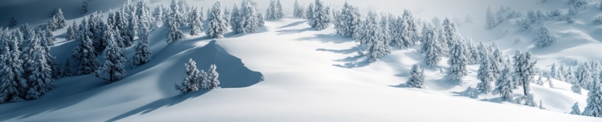 Winter Wonderland Snow-Covered Landscape with Sunny Sky, Close-Up of Fresh Snow Surface and Distant Groves of Trees, Tranquil Scenic View for Holiday Destination or Winter Advertisements