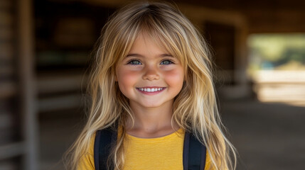 Obraz premium Girl with blonde hair beams joyfully in a barn, dressed in a yellow top and black backpack, enjoying the sunny day outdoors