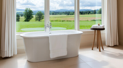 Fototapeta premium Elegant bathroom suite with freestanding tub and scenic view