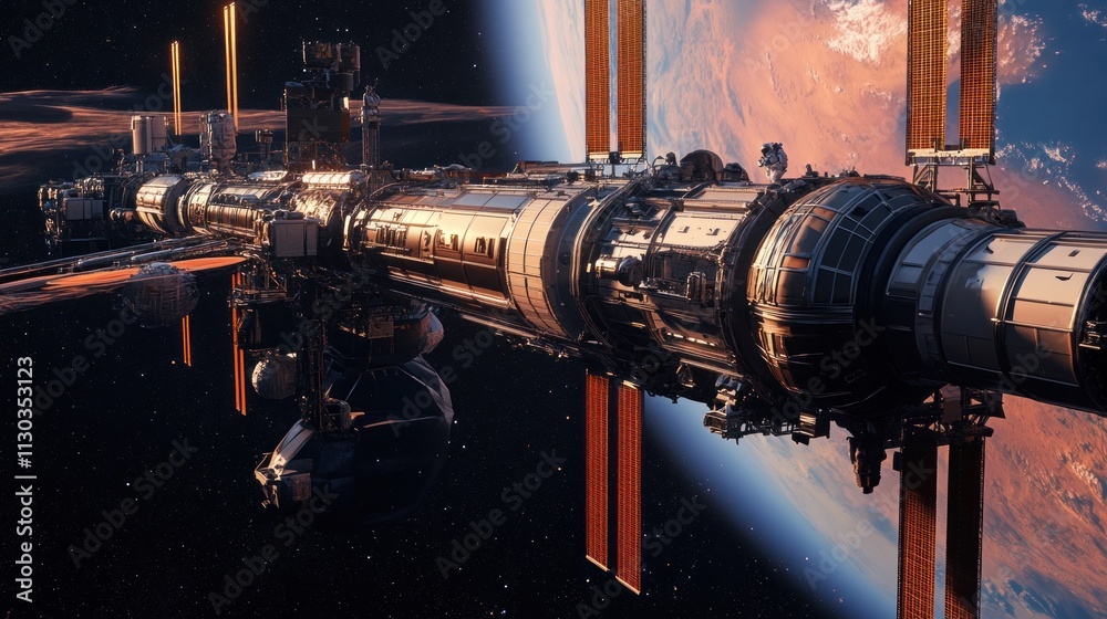 Poster a futuristic space station orbiting a planet, showcasing advanced technology and design.
