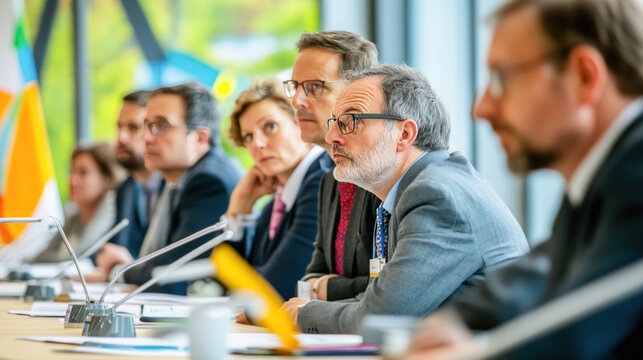 Politicians listening attentively at press conference table