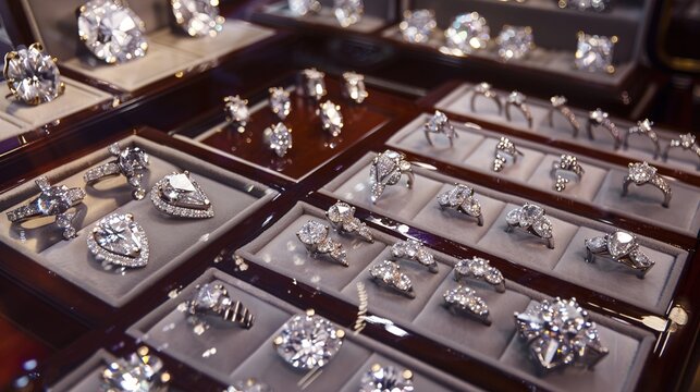 A collection of various cut diamonds arranged in a jewelry display case.