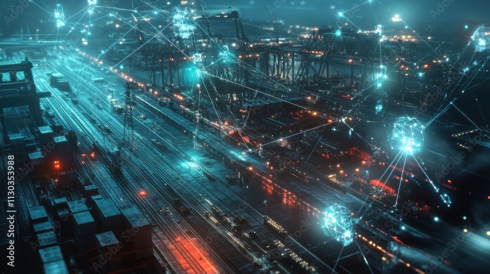 Poster A futuristic view of a busy port with interconnected technology and cargo.