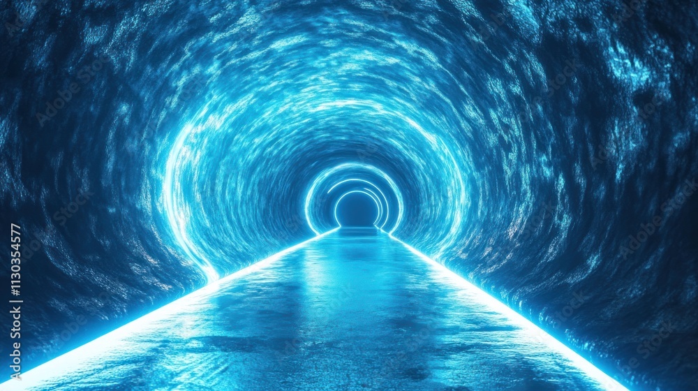 Poster a futuristic tunnel with glowing blue light creating a surreal atmosphere.