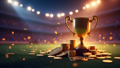 Trophy and coins on a field symbolize victory and financial gain in e-sports betting.