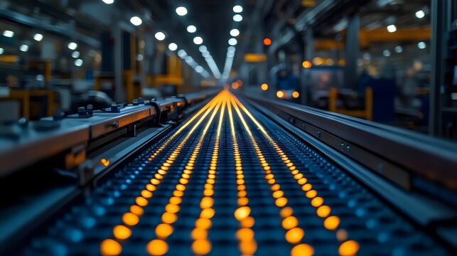 A factory floor with a conveyor belt that is lit up with orange lights