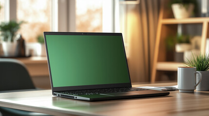 Fototapeta premium Laptop with green screen in office setting, mockup with blank display