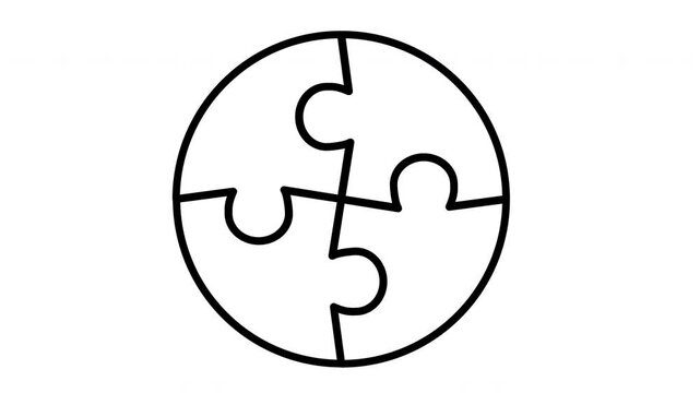 The round shape is filled with puzzle elements. A symbol of teamwork and business decision making. The round puzzle consists of four parts. Animated video