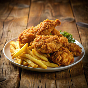 Broasted fried chicken leg High angle view on wooden table