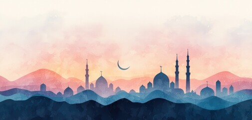 Ramadan Eid al-Fitr concept. A serene watercolor landscape featuring silhouetted minarets and domes against a soft sunrise, evoking tranquility and cultural richness.