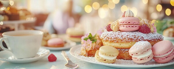 Obraz premium Indulging in delicious pastries cozy bakery display of macarons and donuts warm atmosphere inviting food photography