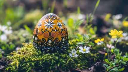 Ornate Easter Egg on Fresh Green Moss Surrounded by Wildflowers