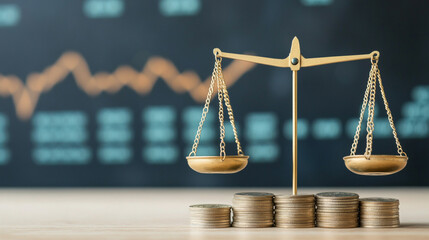 Balanced scales with coins representing financial stability and justice in business.