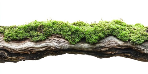 Closeup of green moss growing on a weathered tree branch, isolated on a white background.