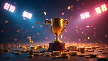 Trophy and coins symbolize victory and betting in e-sports.