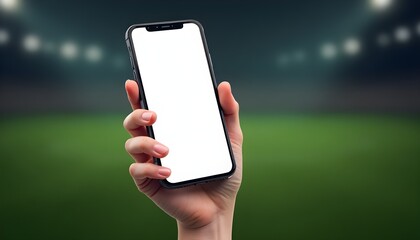 A hand holds a smartphone in a stadium, symbolizing mobile e-sports betting.