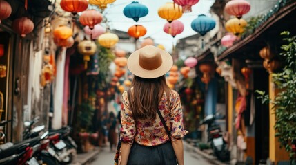 Obraz premium A stylish female tourist walking down a vibrant street in an Asian city, surrounded by colorful lanterns and traditional buildings